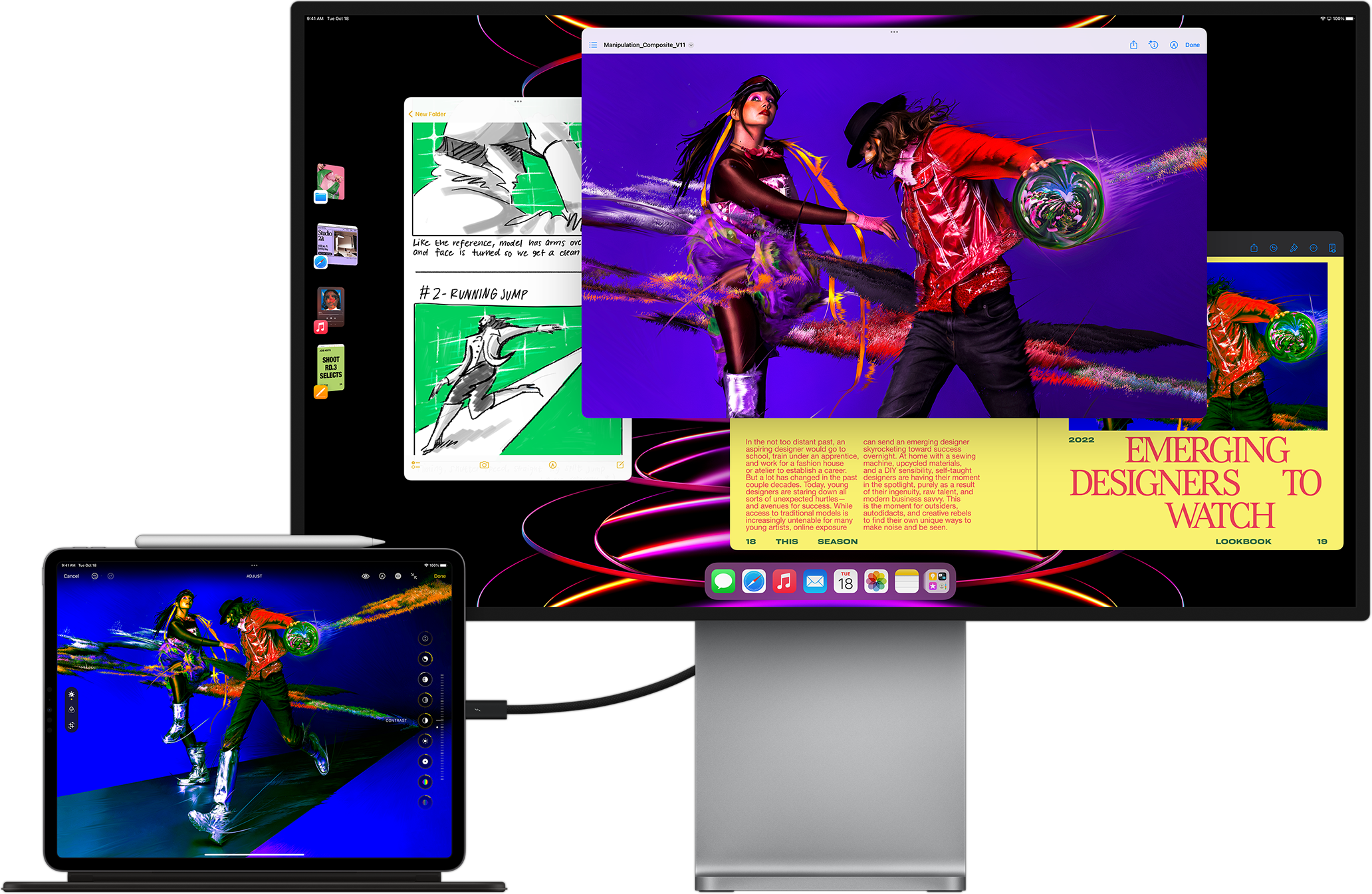 iPad Pro affichant l’app Photos connecté à un écran externe affichant le mode multitâche avec Stage Manager