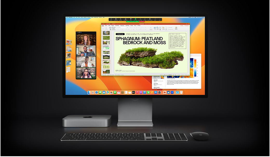 Mac mini avec Magic Mouse, Magic Keyboard et Studio Display affichant une présentation Microsoft PowerPoint partagée dans le cadre d’une réunion Zoom, avec l’app Notes en arrière-plan.