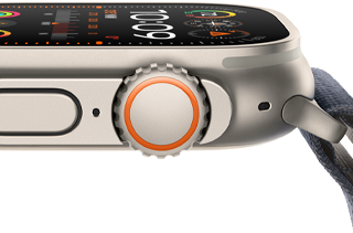 Apple Watch Ultra 2 montrant le boîtier en titane robuste, l’écran plat, la digital crown et le bouton latéral