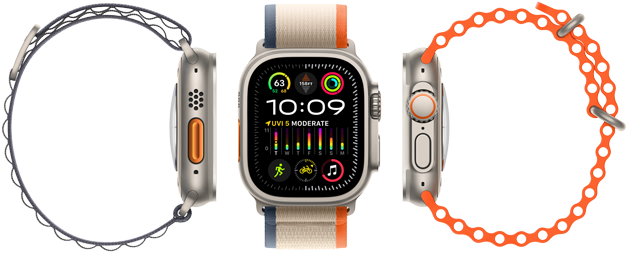 Apple Watch Ultra 2 montrant la compatibilité avec trois types de bracelets différents, le grand écran, le boîtier en titane robuste, le bouton action orange et la digital crown