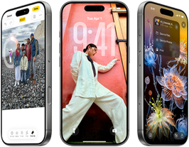 3 modèles d’iPhone 17 Pro, face avant, côte à côte, démontrant iOS 26, l’effet Liquid Glass et Apple Intelligence