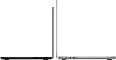 MacBook Pro 14 pouces et 16 pouces dos à dos, mettant en évidence la différence de taille et la finesse du profil
