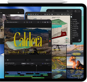 iPad Pro, face avant, orientation paysage, noir sidéral, Apple Pencil posé sur l’appareil, écran affichant plusieurs fenêtres d’apps en mosaïque, dont Final Cut Pro avec plusieurs fonctionnalités de montage vidéo et une timeline, Plans, Notes et différents plans multimédias