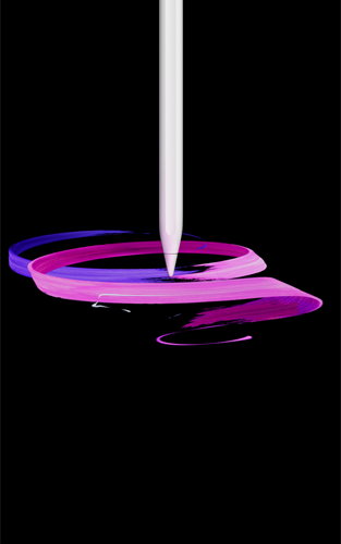 Apple Pencil Pro, face avant, orientation portrait, profil latéral, blanc, dessin de rubans abstraits violets et roses