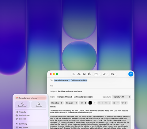 Écran de MacBook Neo, utilisant les Outils d’écriture d’Apple Intelligence dans Mail pour réviser un long paragraphe d’un e-mail contenant des commentaires sur une publication