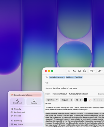 Écran de MacBook Neo, utilisant les Outils d’écriture d’Apple Intelligence dans Mail pour réviser un long paragraphe d’un e-mail contenant des commentaires sur une publication