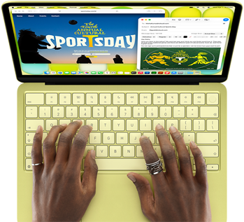 MacBook Neo, couleur jaune agrume, mains sur le clavier, la personne utilisatrice compose un e-mail d’invitation à un évènement sportif, le site web de l’évènement est ouvert en parallèle