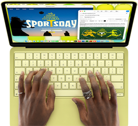 MacBook Neo, couleur jaune agrume, mains sur le clavier, la personne utilisatrice compose un e-mail d’invitation à un évènement sportif, le site web de l’évènement est ouvert en parallèle