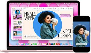 MacBook Neo, rose poudré, à côté d’un iPhone, l’écran du MacBook Neo affiche une présentation intitulée Finals Week Pet Therapy avec la photo d’une personne tenant un lapin, l’écran de l’iPhone affiche la même photo, qui a été transformée en autocollant à utiliser dans la présentation