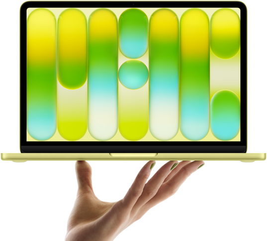 MacBook Neo couleur jaune agrume, en équilibre sur le bout des doigts d’une main ouverte, écran affichant un motif abstrait coloré