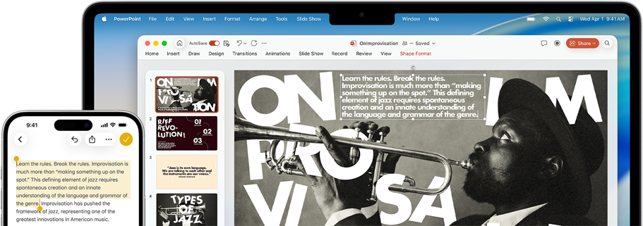 iPhone 16 Plus avec du texte surligné dans l’app Notes, MacBook Air avec une diapositive Keynote ouverte, le texte de l’app Notes est visible sur la diapositive