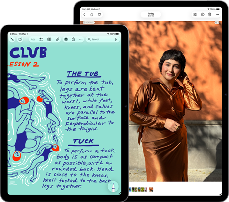 Deux iPad Air, modèles 11 pouces et 13 pouces, le modèle 11 pouces affiche du texte coloré dans l’app Notes, le modèle 13 pouces affiche la photo d’une personne dans l’app Photos