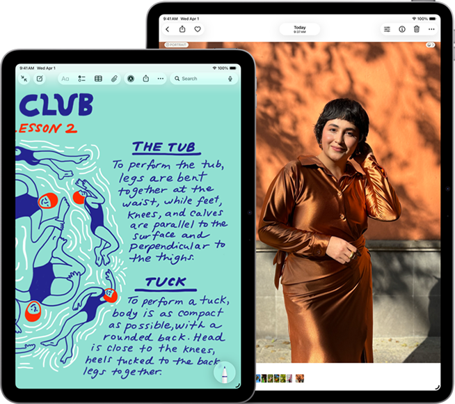 Deux iPad Air, modèles 11 pouces et 13 pouces, le modèle 11 pouces affiche du texte coloré dans l’app Notes, le modèle 13 pouces affiche la photo d’une personne dans l’app Photos