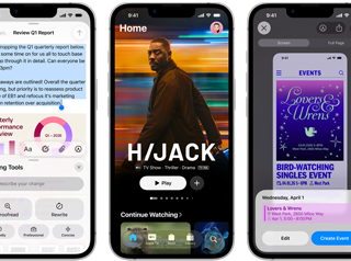 Quelques iPhone 17e côte à côte mettant en avant les performances avec des apps professionnelles de productivité telles qu’un agenda dans Notes, un graphique dans Numbers et une capture d’écran montrant la fonctionnalité Intelligence visuelle