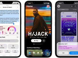 Plusieurs iPhone 17e côte à côte affichant des écrans différents : un jeu en cours d’utilisation, les Outils d’écriture, l’app Apple TV, la création d’un évènement de calendrier et d’un Genmoji