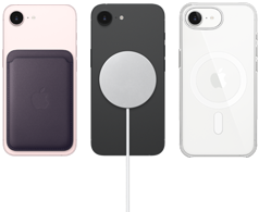 iPhone 17e rose pastel avec Porte-cartes en tissage fin violet nuit, iPhone 17e noir avec coque en silicone noire et chargeur MagSafe, iPhone 17e blanc muni d’une coque transparente avec MagSafe